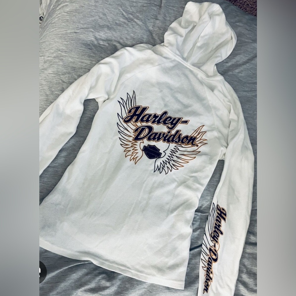 Harley-Davidson White Hoodie with Wing Graphics, V- neck long sleeve